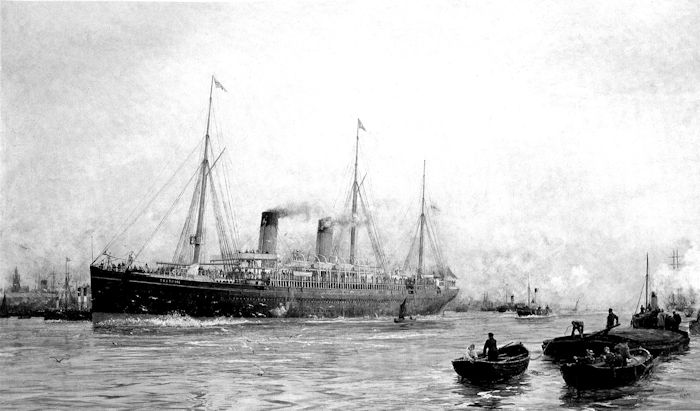 The header graphic titled The White Star Liner Teutonic Leaving Liverpool on her Maiden Voyage, August, 1889, is painted by William Lionel Wyllie, from The Art of Nautical Illustration, by Michael E. Leek, Quantum Books, London, UK, 2005, p. 143