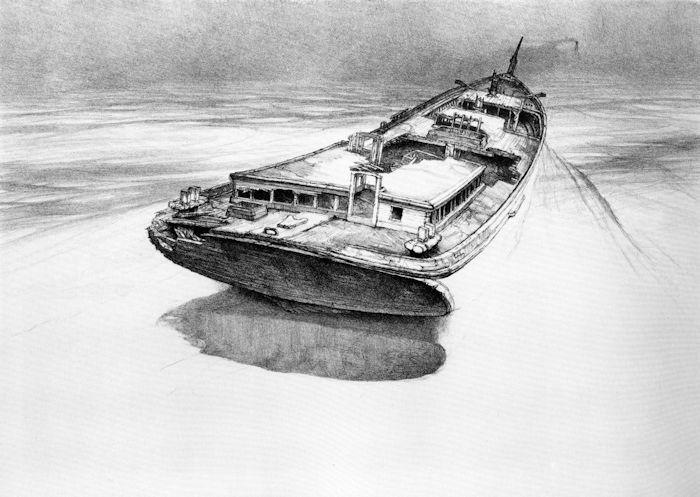 Ultimate Tow, lithograph by John A. Noble, 1983, from Hulls and Hulks in the Tide of Time, Erin Urban, The John A Noble Collection, New York, © 1993, p. 238.